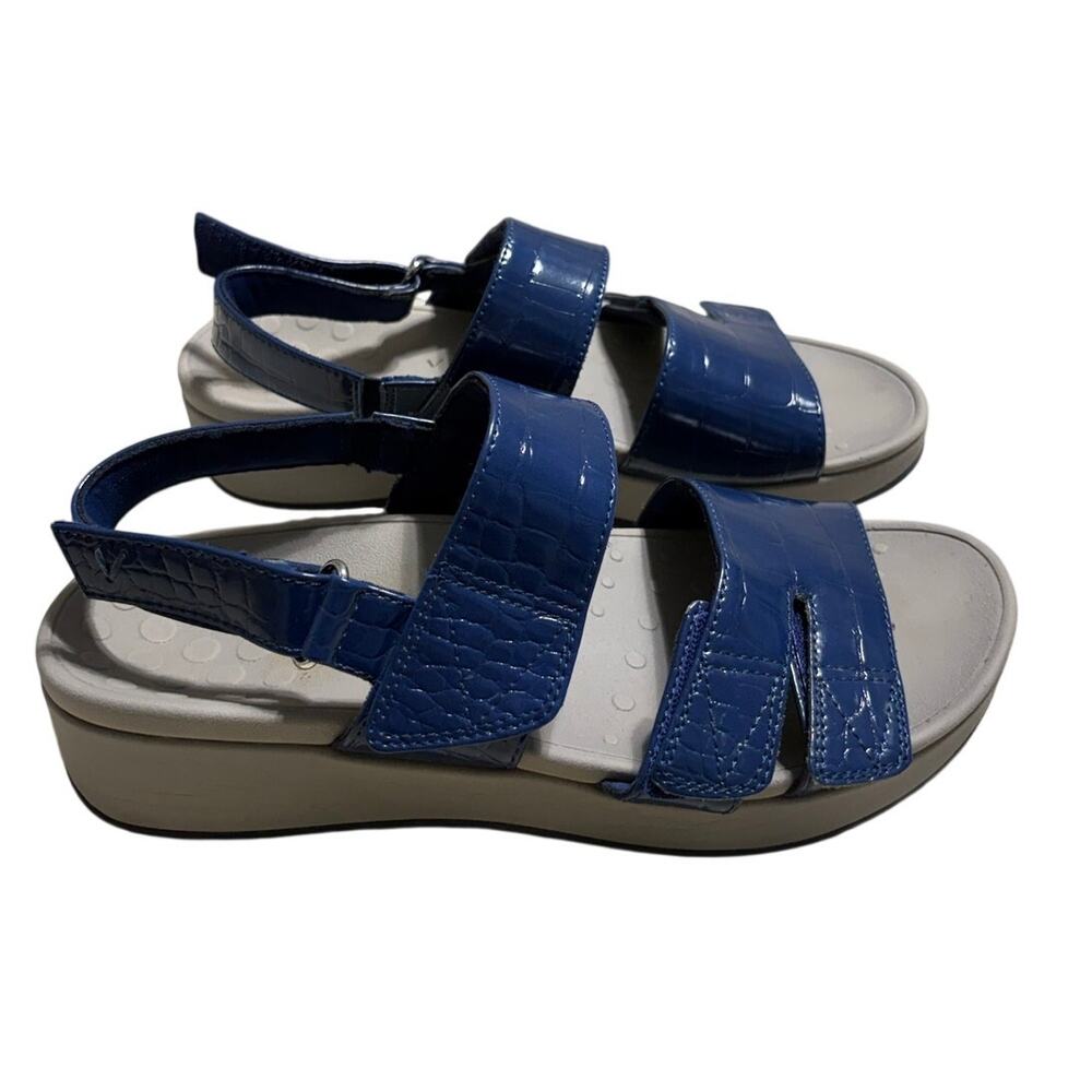 Vionic Roma Blue Crocodile Leather Adjustable Platform Wedge Sandals 8 Comfort